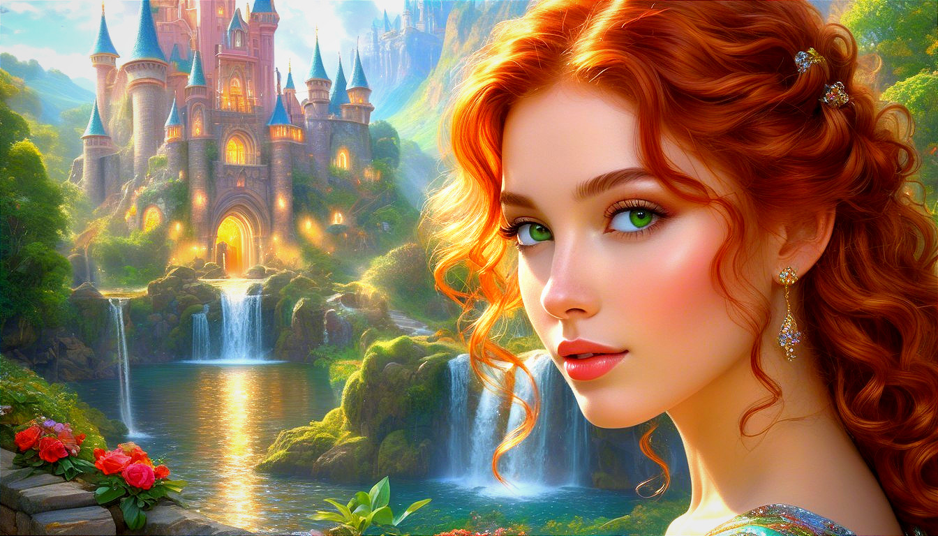 Young woman with red hair in a magical landscape