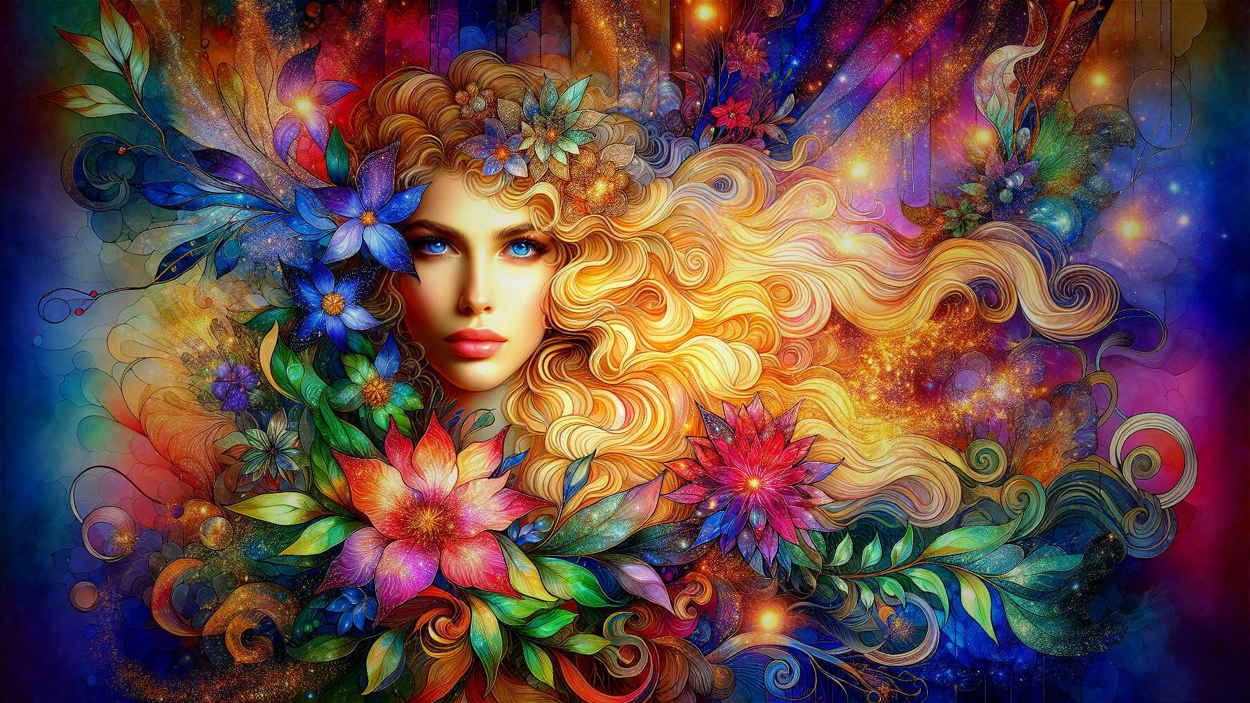 Surreal Portrait of Woman with Golden Hair and Flowers