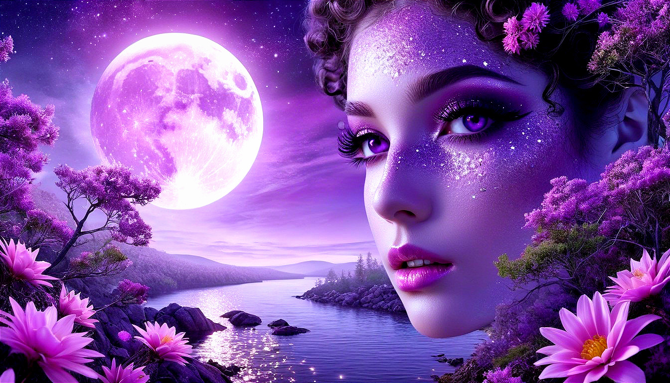 Young Woman with Purple Makeup by a Tranquil Lake