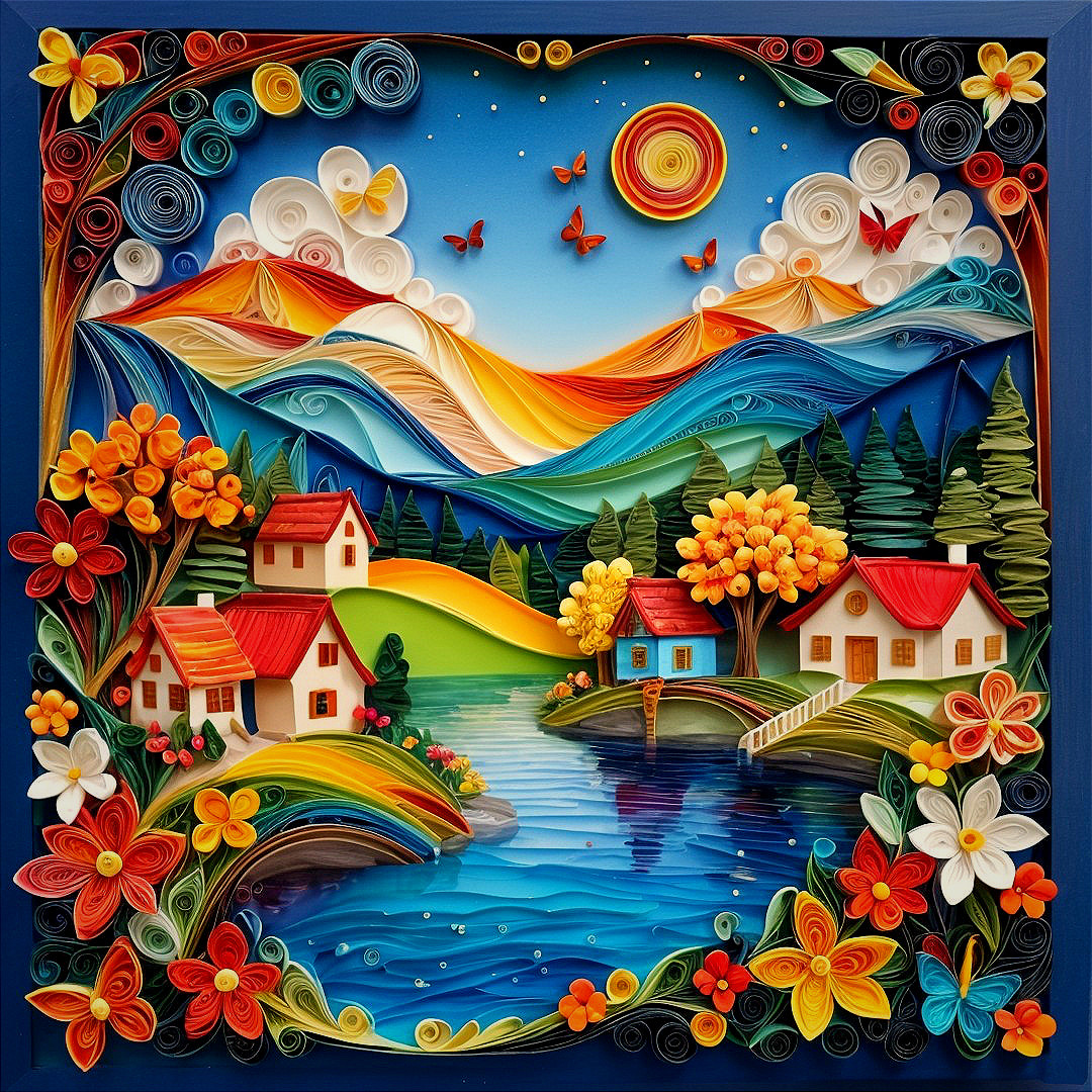 Vibrant Quilled Art of a Serene Landscape Scene