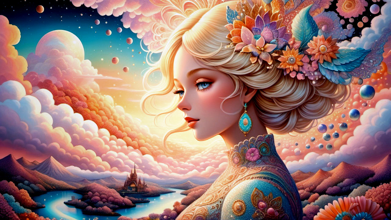 Ethereal Portrait of Woman with Flowers and Jewelry