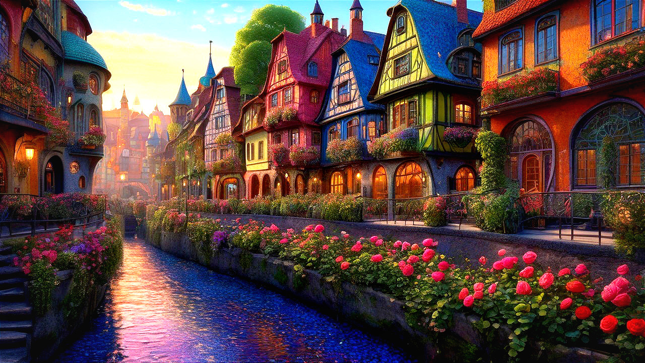 Charming Village Scene at Sunset by a Canal