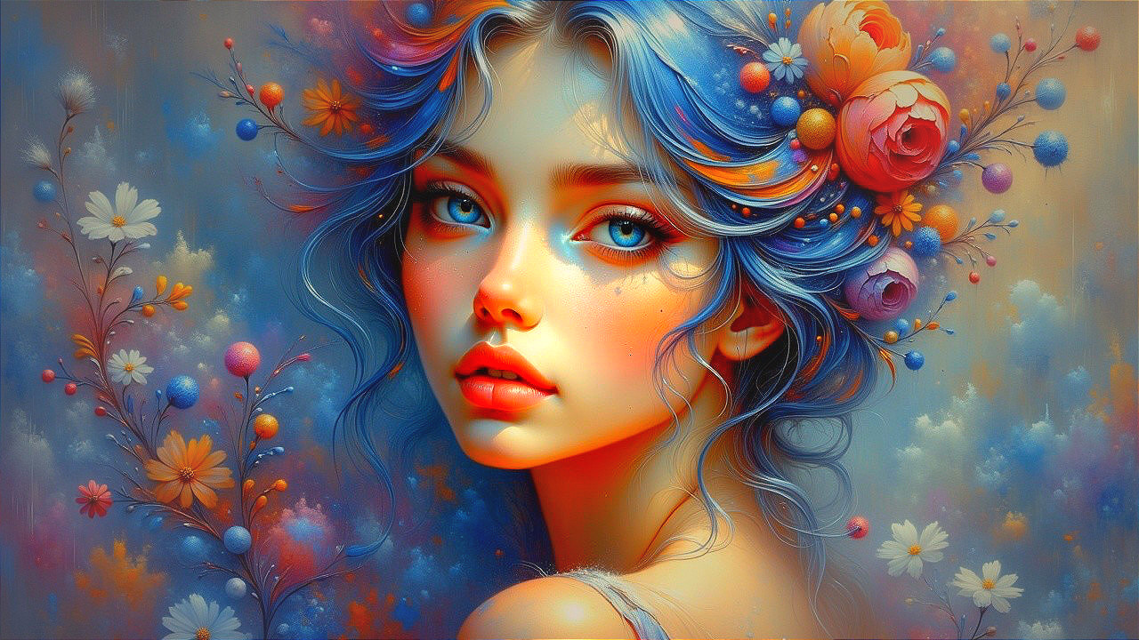 Portrait of a young woman with blue hair and flowers