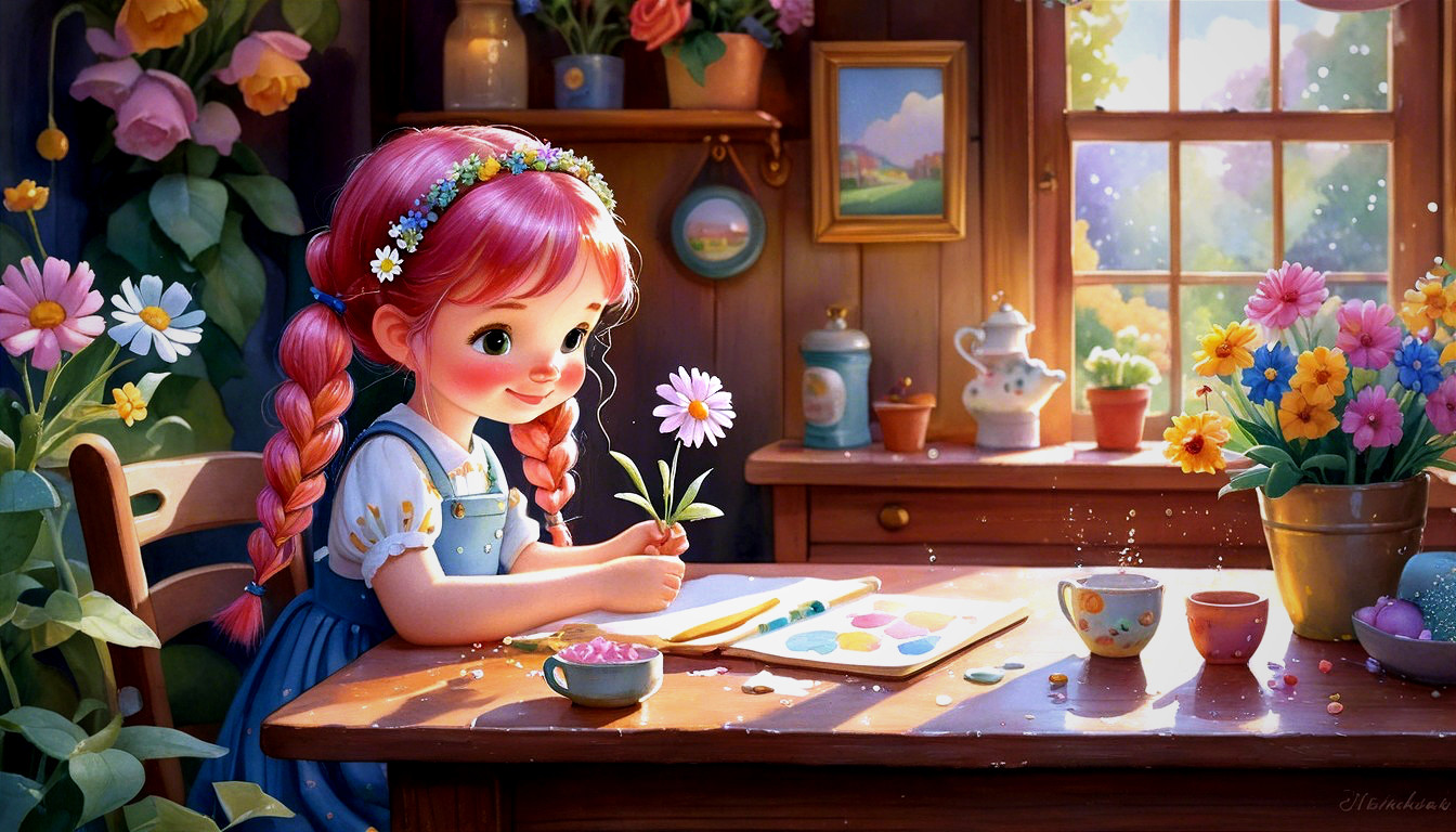 Young girl with red hair in sunlit creative space