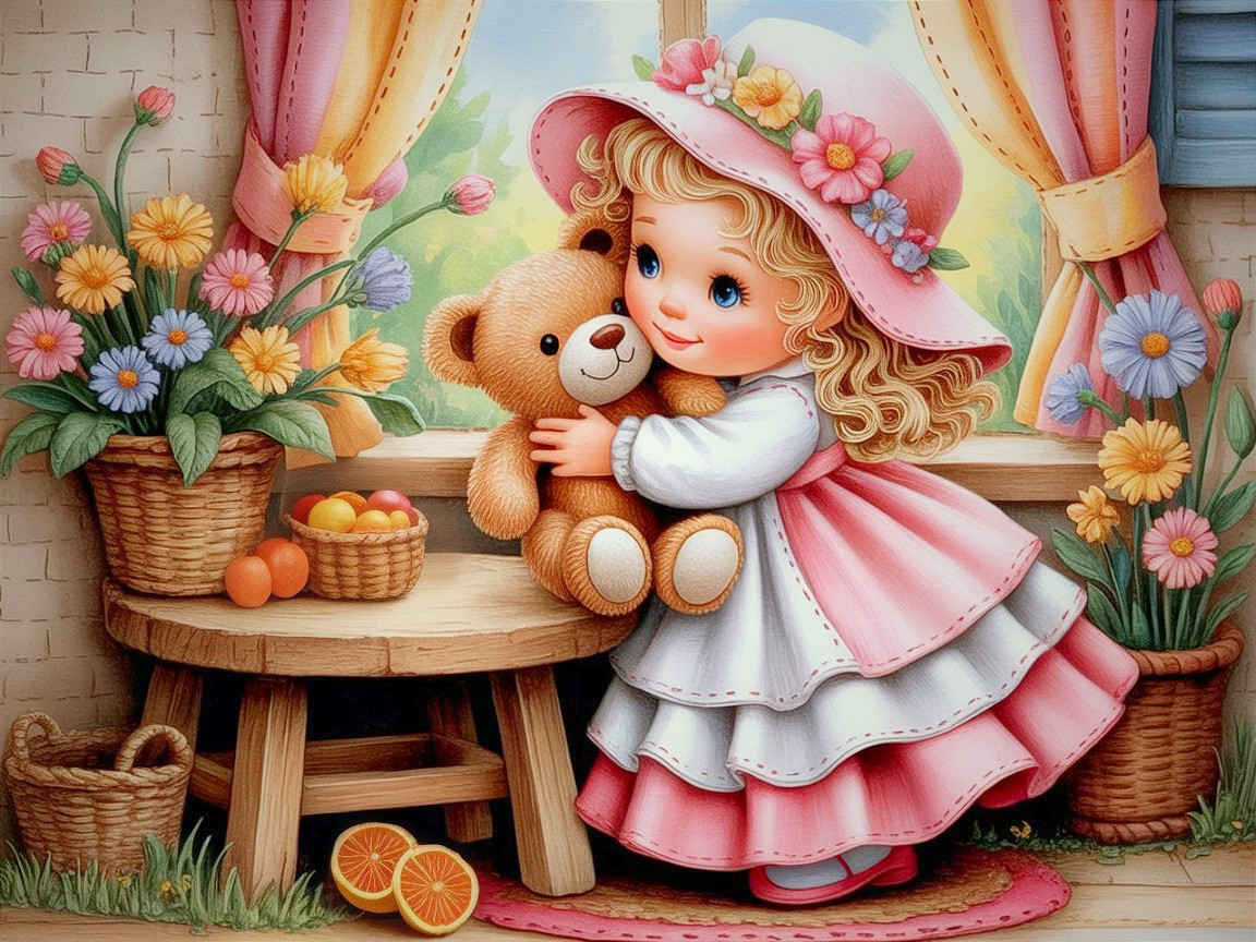Cheerful Young Girl with Teddy Bear by Sunny Window