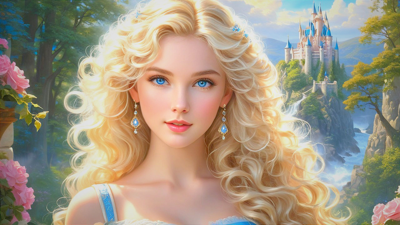 Young Woman with Blonde Curls and Castle Background