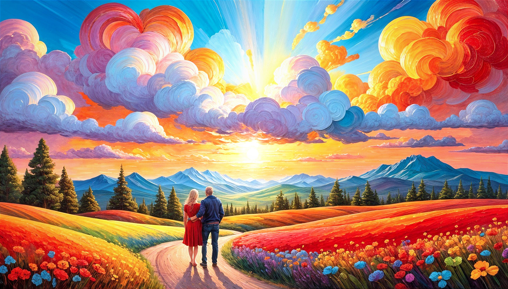 Couple on a Winding Path Amidst Colorful Landscape