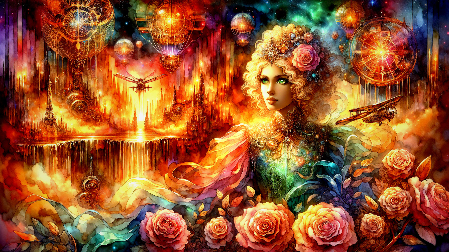 Fantasy Scene with Woman, Roses, and Ethereal Landscapes