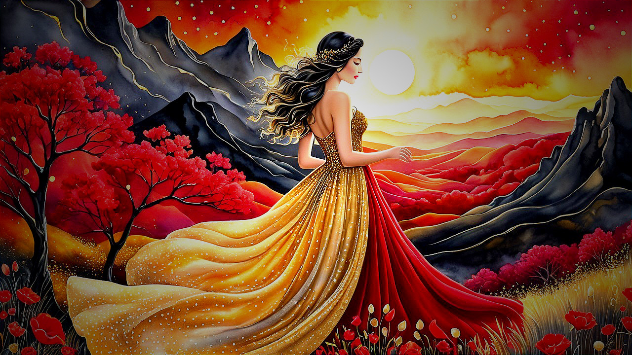 Graceful Woman in Vibrant Autumn Landscape
