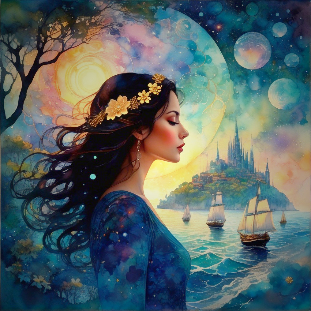 Serene Woman with Floral Headpiece in Cosmic Landscape