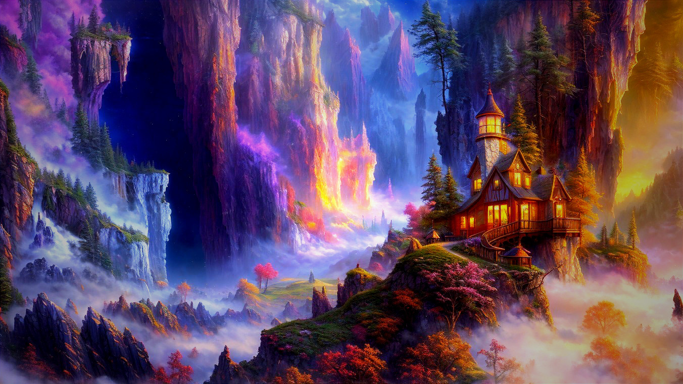 Whimsical Cottage in a Vibrant Autumn Landscape