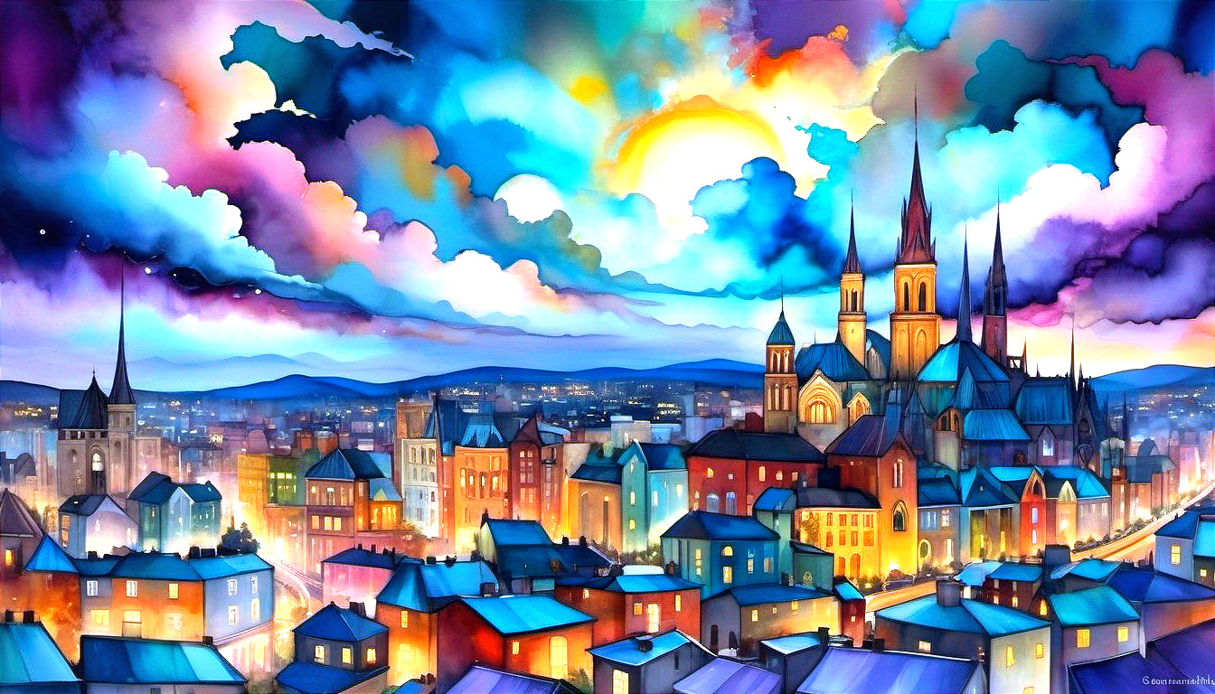 Sunset Cathedral in Colorful Cityscape