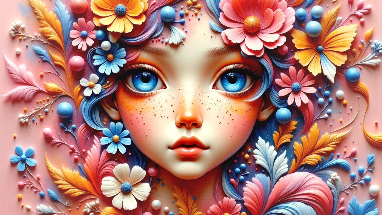 Stylized Portrait of a Girl with Colorful Flowers