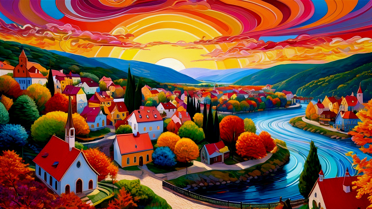 Colorful village by winding river at sunset