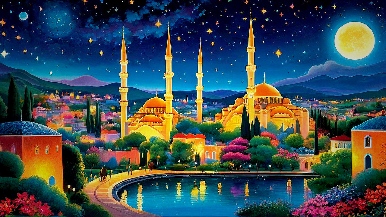 Majestic Mosque in Vibrant Starry Landscape