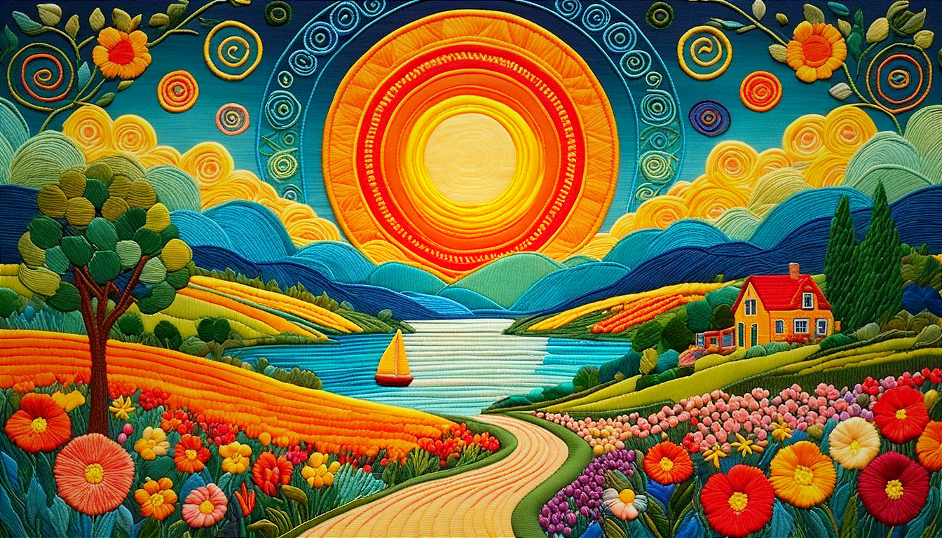 Vibrant Landscape with Hills, Lake, and Flowers