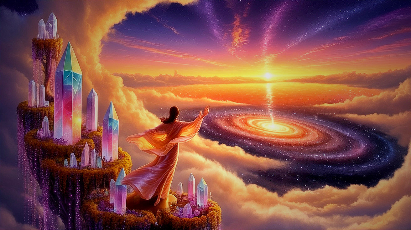 Serene figure on a cliff with cosmic backdrop