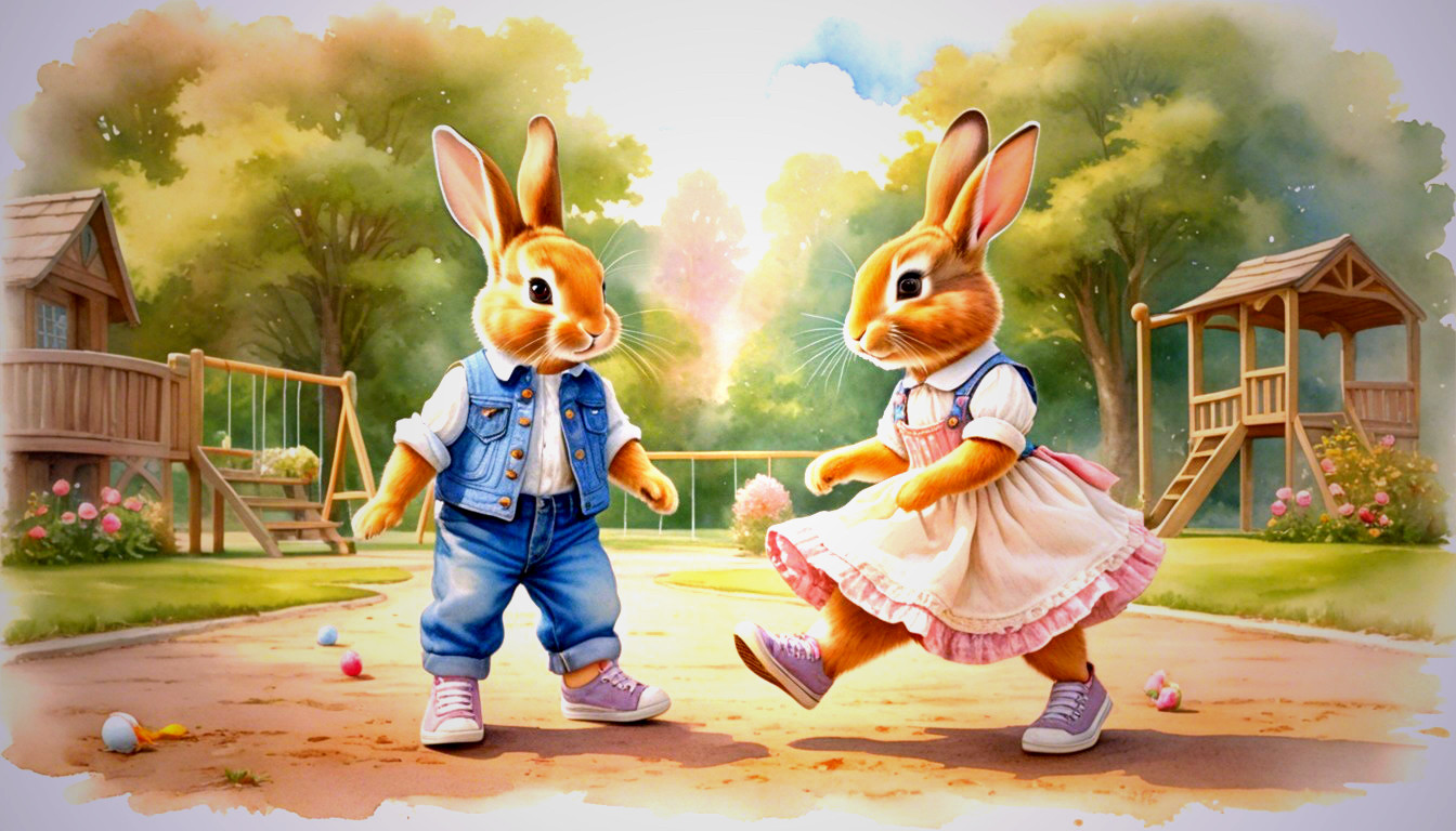 Rabbits Dancing in a Sunny Park with Flowers