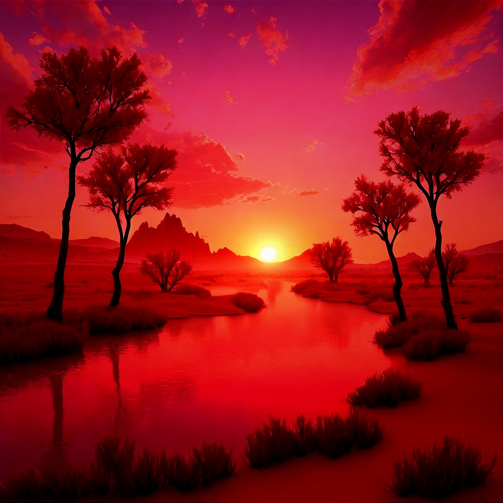 Vibrant Sunset Over Tranquil Landscape and River