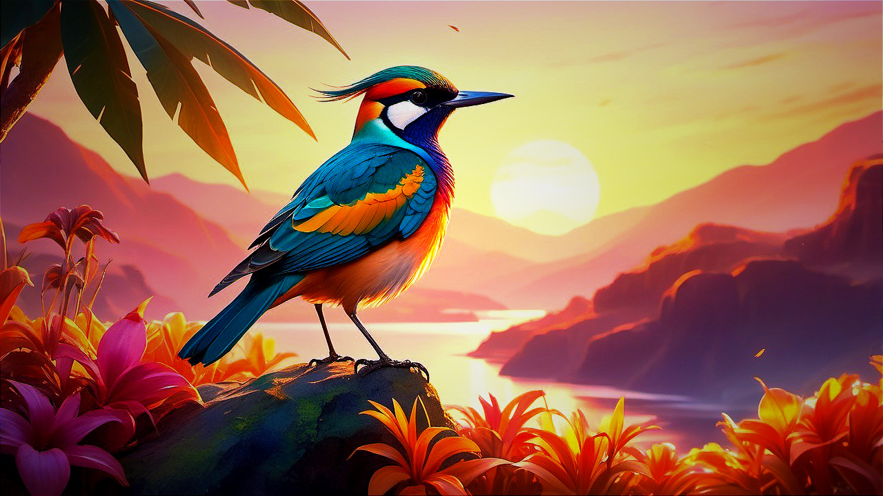 Vibrant Bird Amidst Colorful Flowers and Sunset Landscape