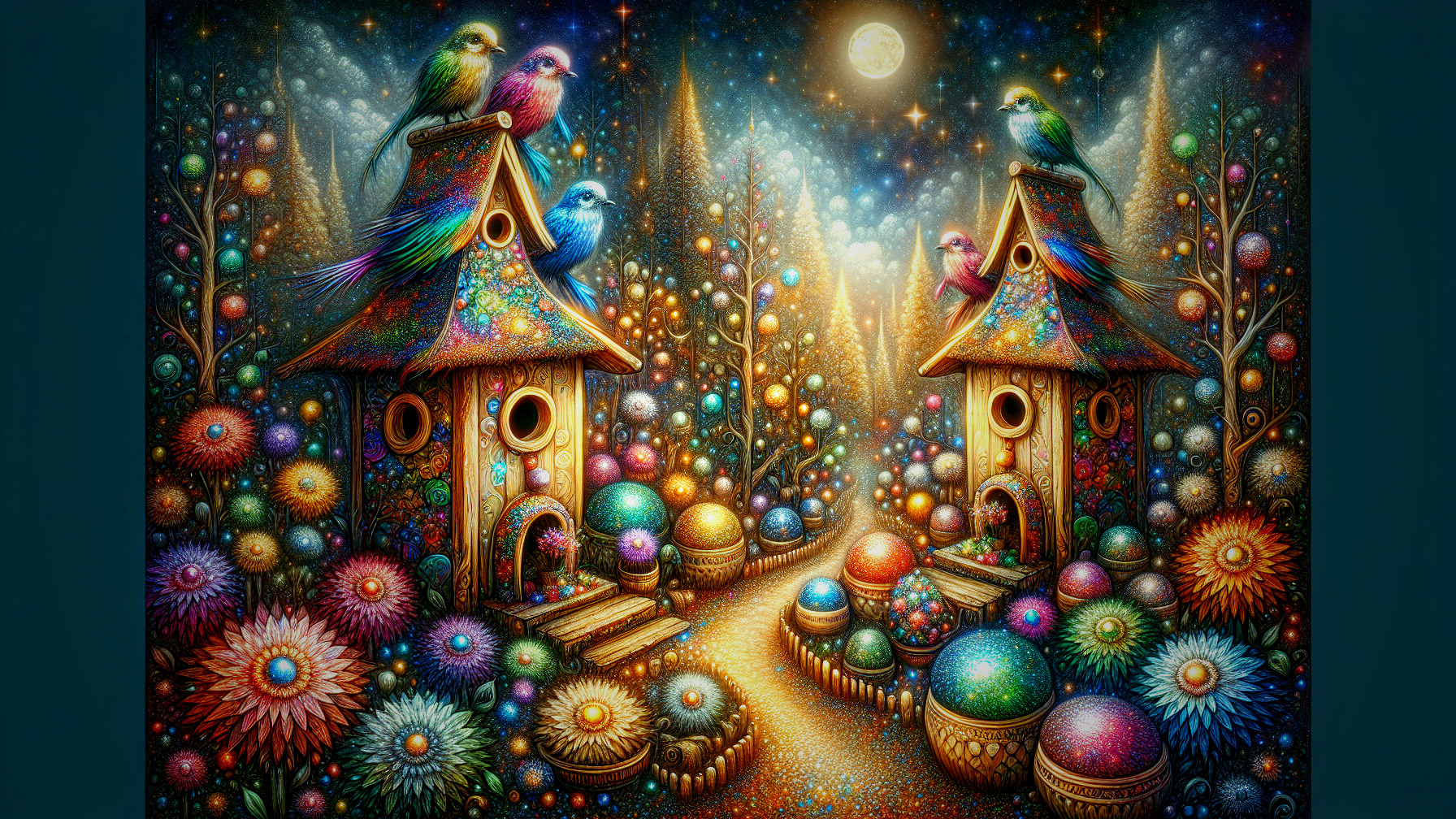 Vibrant Landscape with Colorful Birdhouses and Flowers