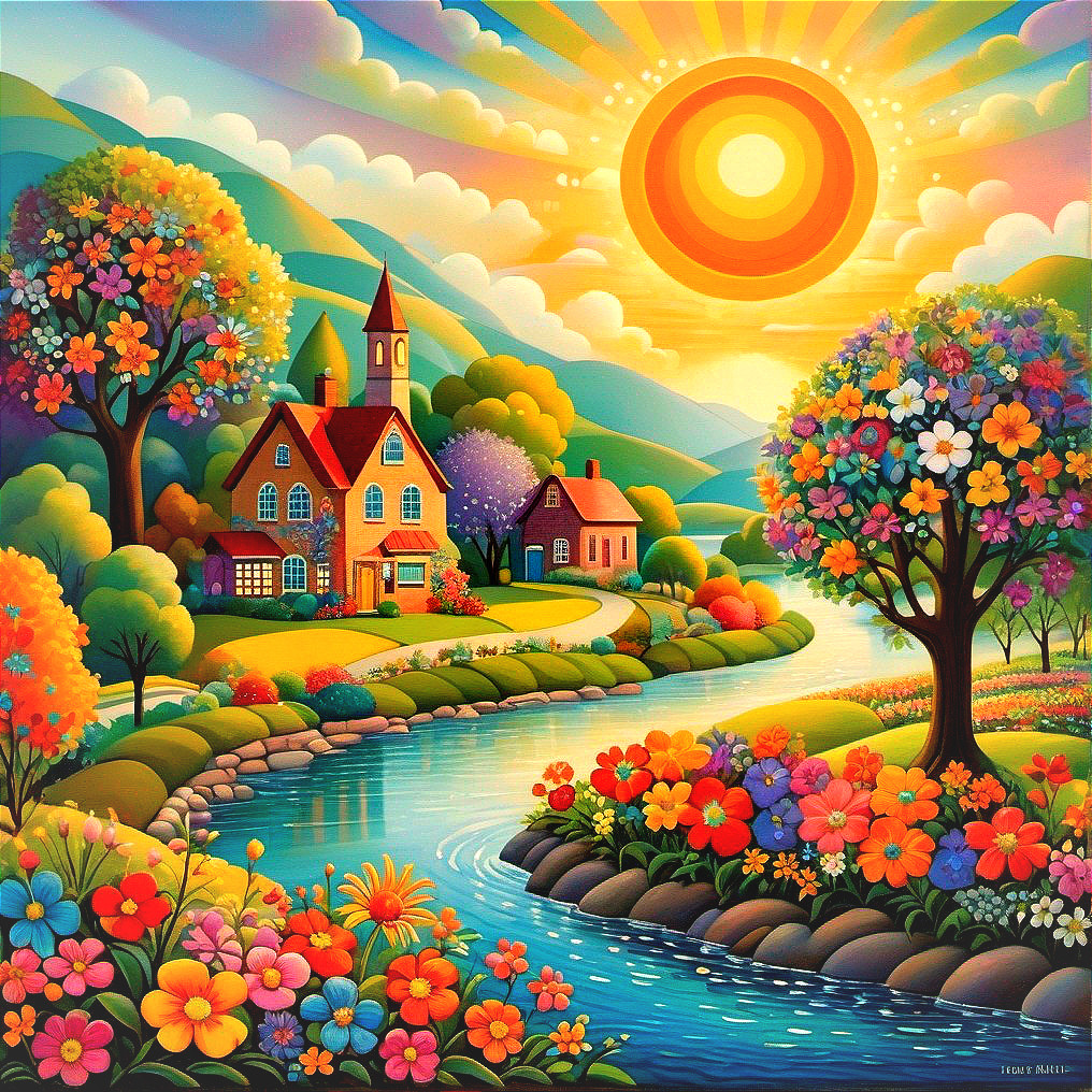 Vibrant Landscape with Colorful Village and Sunrise