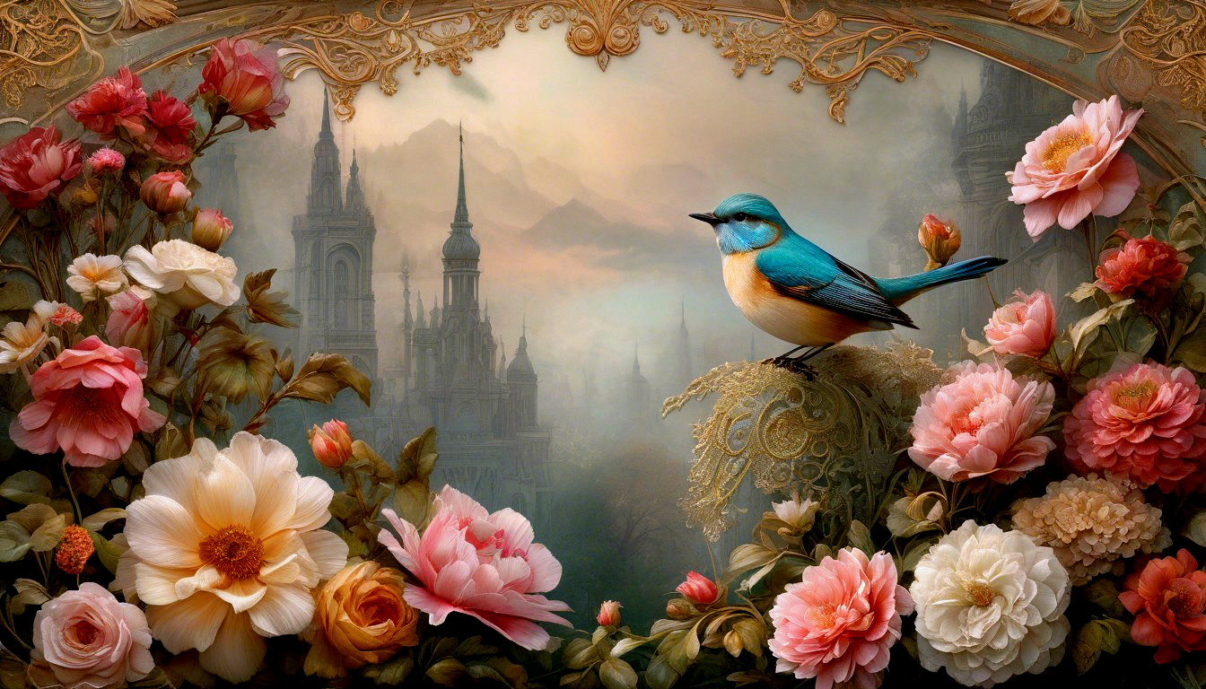 Vibrant Bird on Lace with Flowers and Misty Castle