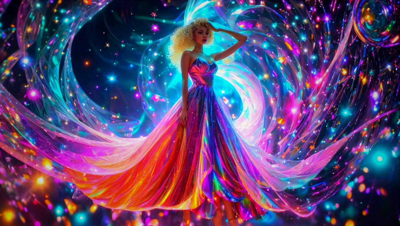 Vibrant Gown Surrounded by Dreamlike Swirling Lights