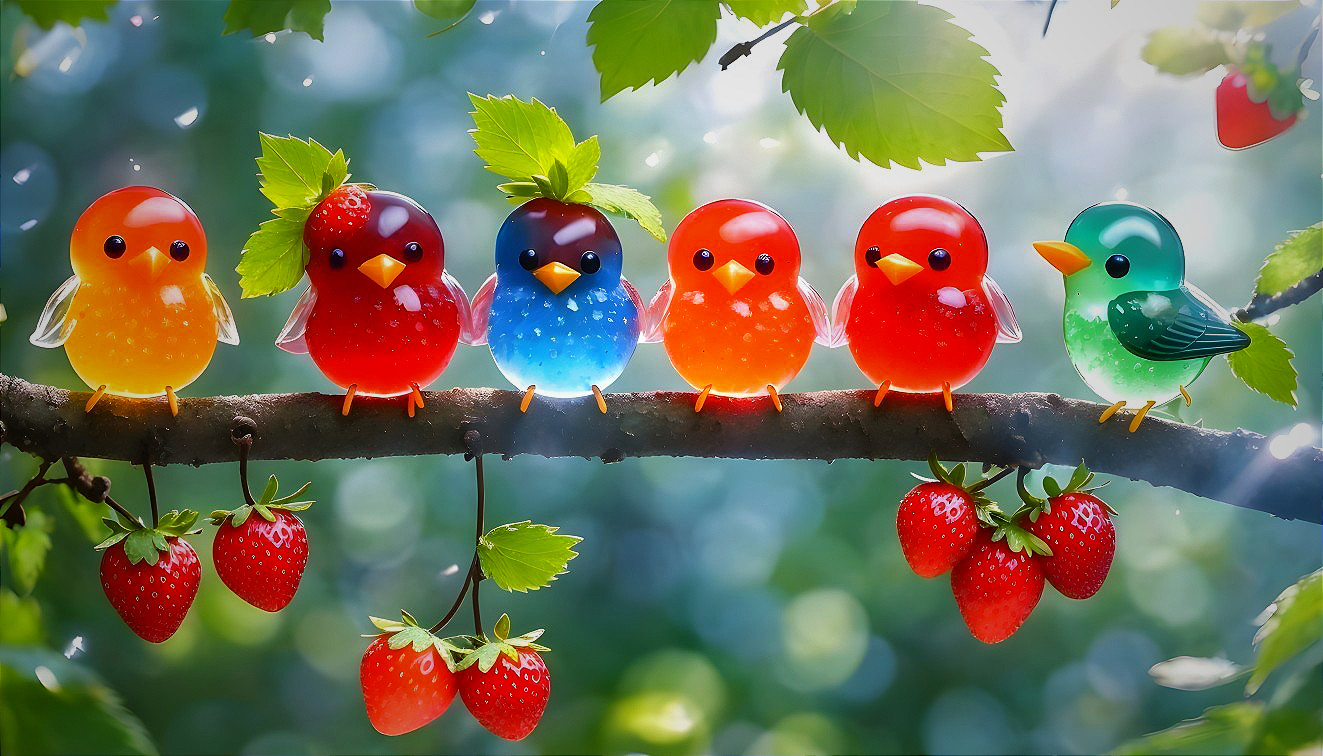 Colorful Bird Figurines on a Strawberry Branch