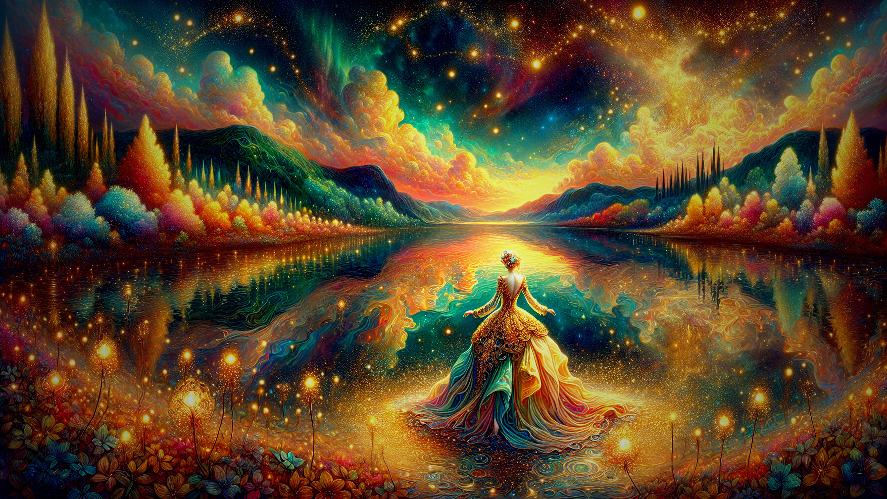 Dreamlike Landscape with Flowing Gown by Shimmering Lake
