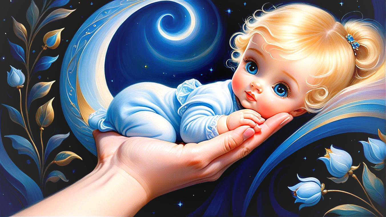 Cherubic Baby in Dreamy Blue and Purple Background