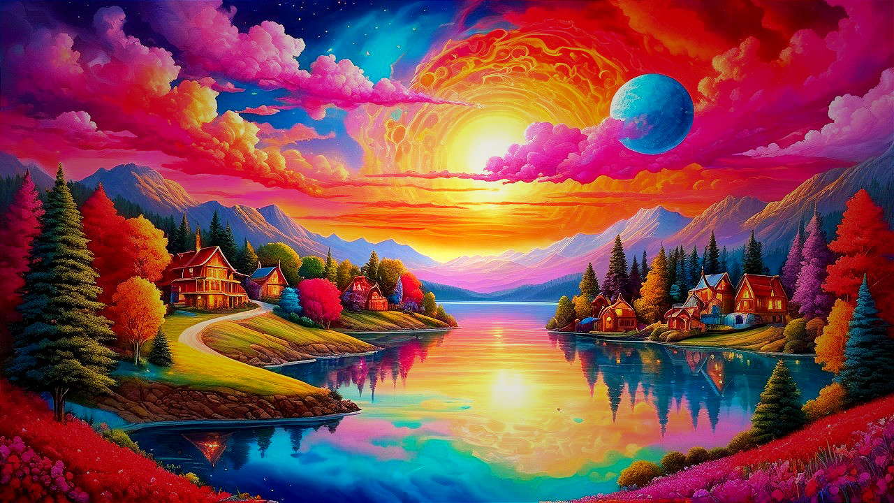 Vibrant Landscape with Colorful Trees and Cozy Houses