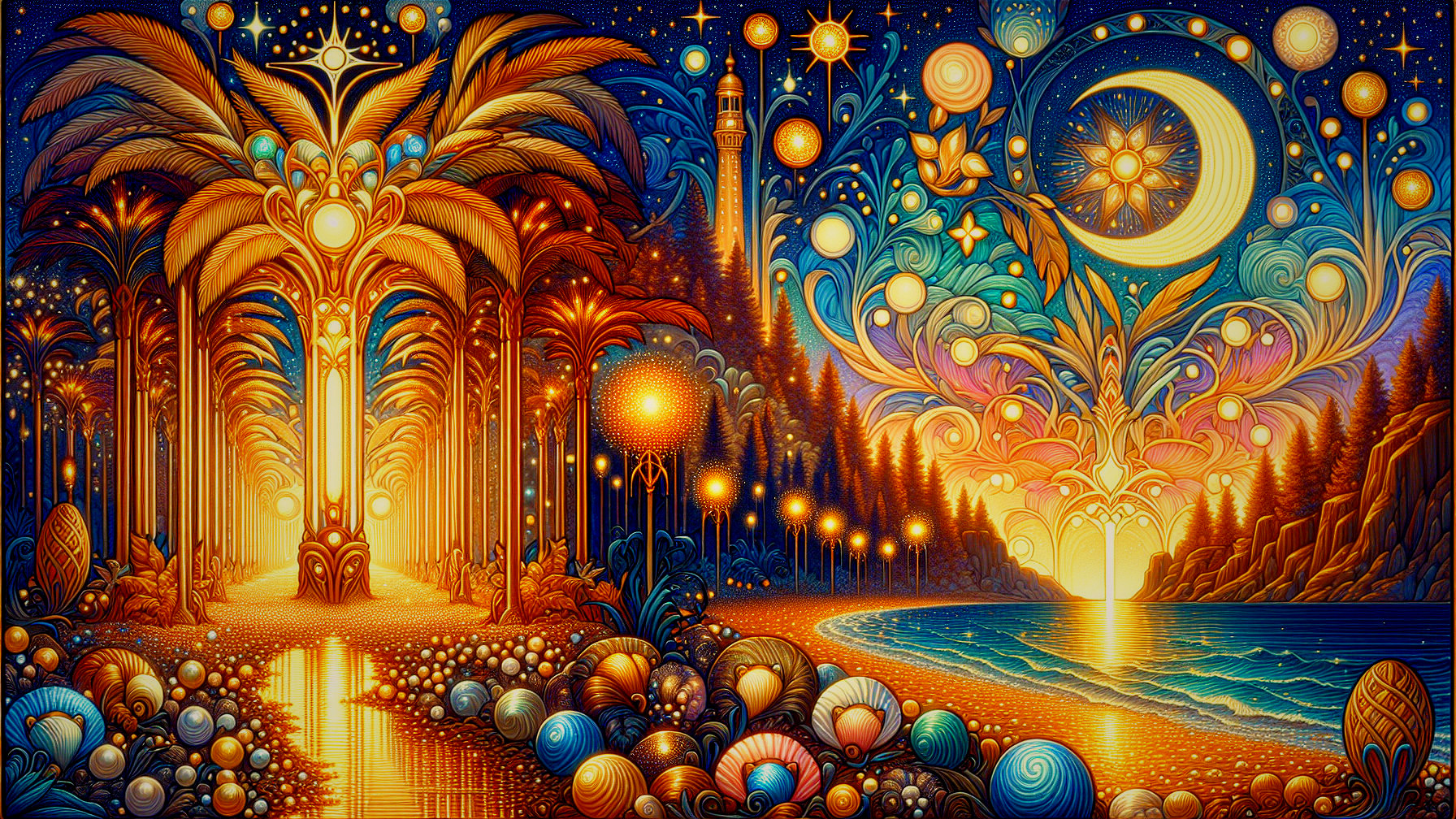 Vibrant Dreamlike Landscape with Palm Trees and Orbs