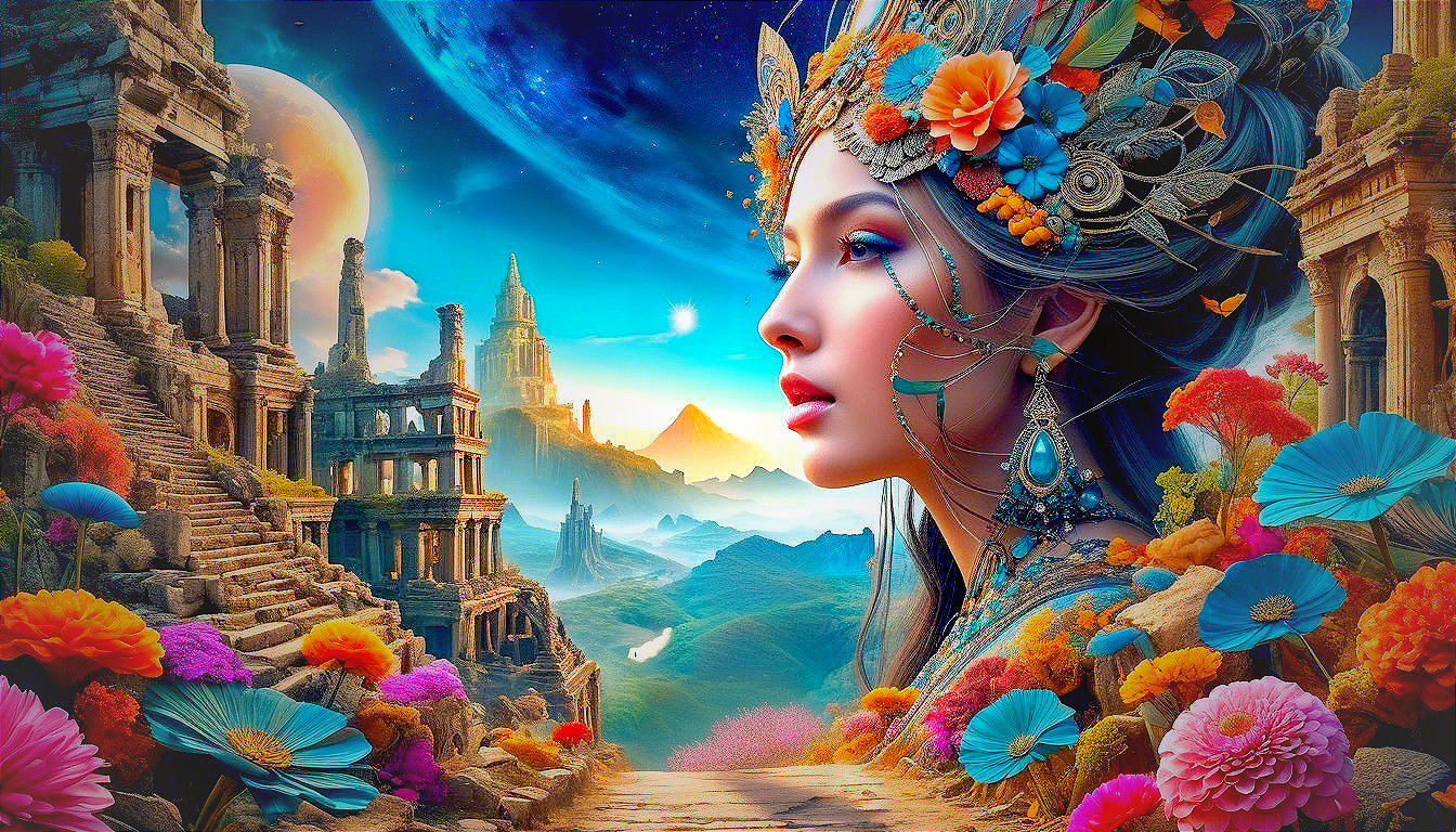 Woman Surrounded by Flowers and Cosmic Landscape