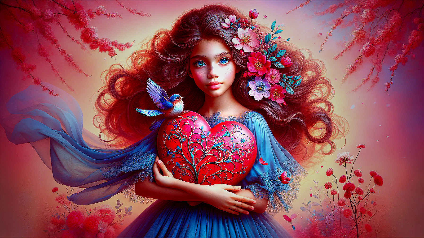 Whimsical Girl with Heart and Colorful Flowers