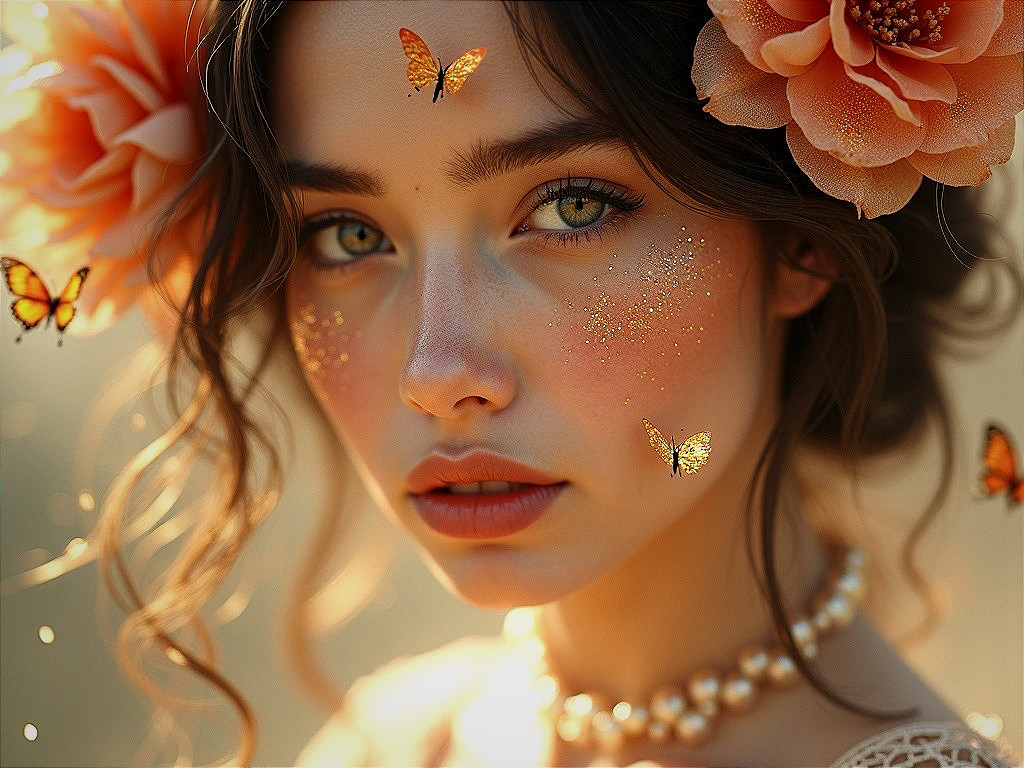 Close-up of a woman with green eyes and floral accents