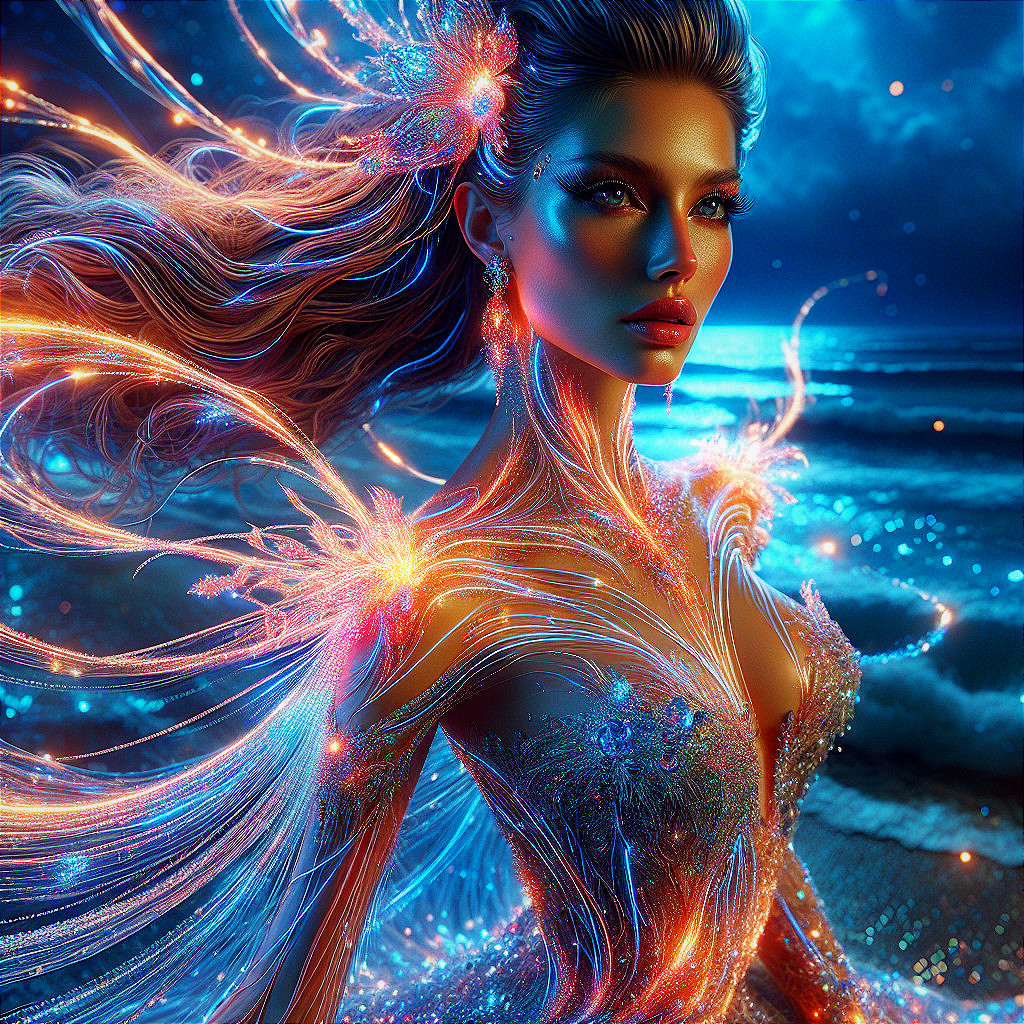 Luminous Ocean Scene with Colorful Gown and Ethereal Hair