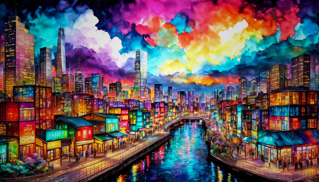 Twilight Cityscape with Luminous Buildings and River