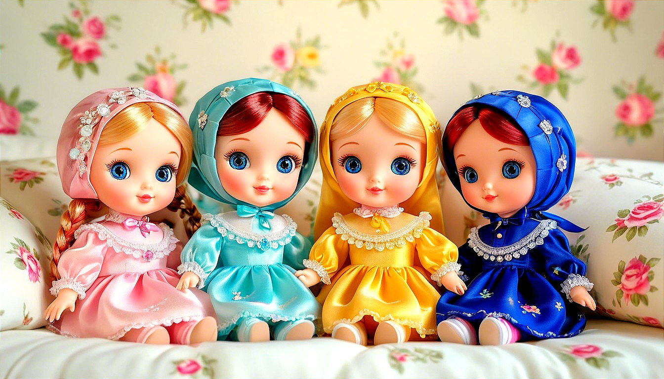 Colorful dolls in vibrant gowns and floral backgrounds