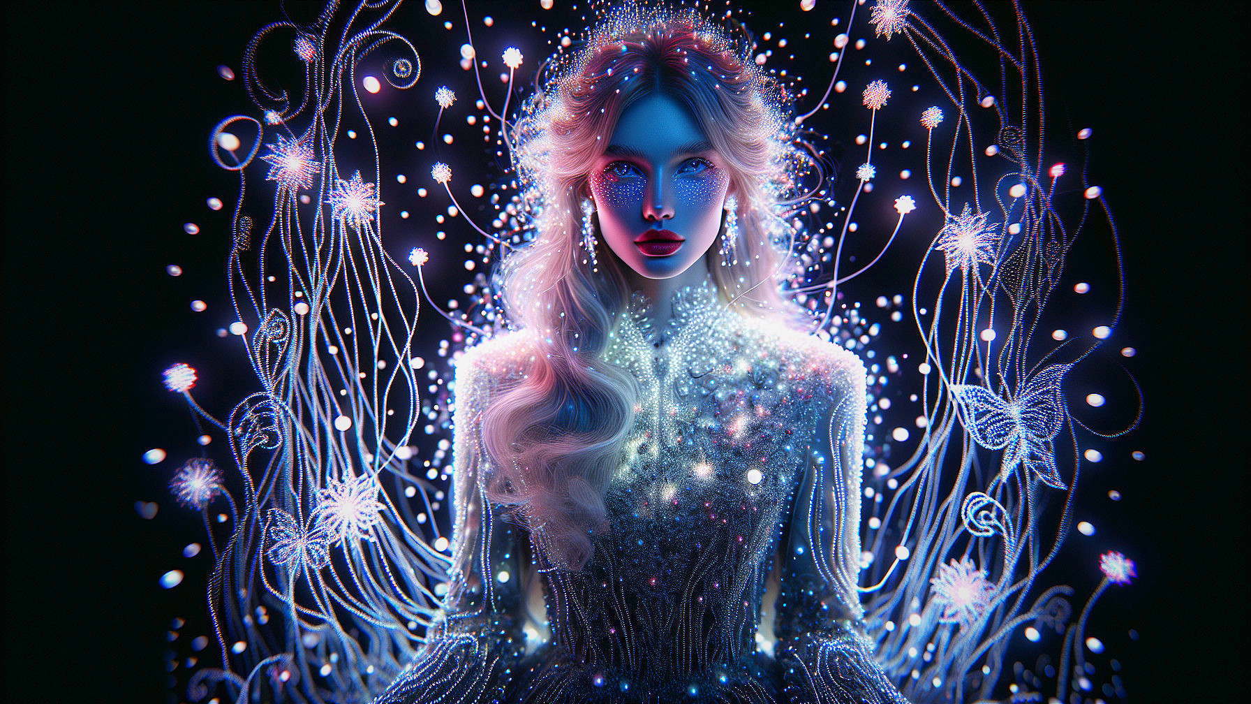 Ethereal figure with glowing orbs and celestial patterns