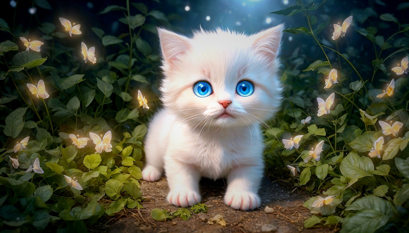 Fluffy White Kitten with Blue Eyes in Green Setting