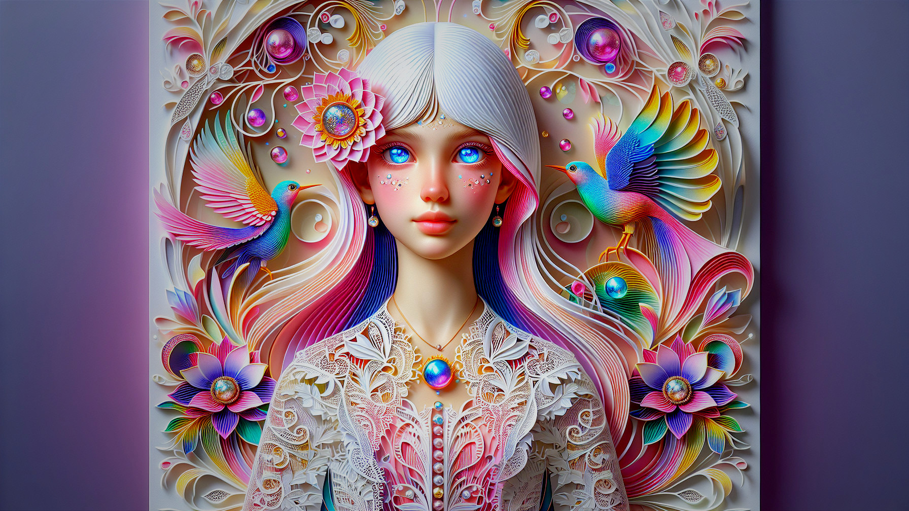 Stylized female figure with vibrant hair and floral motifs