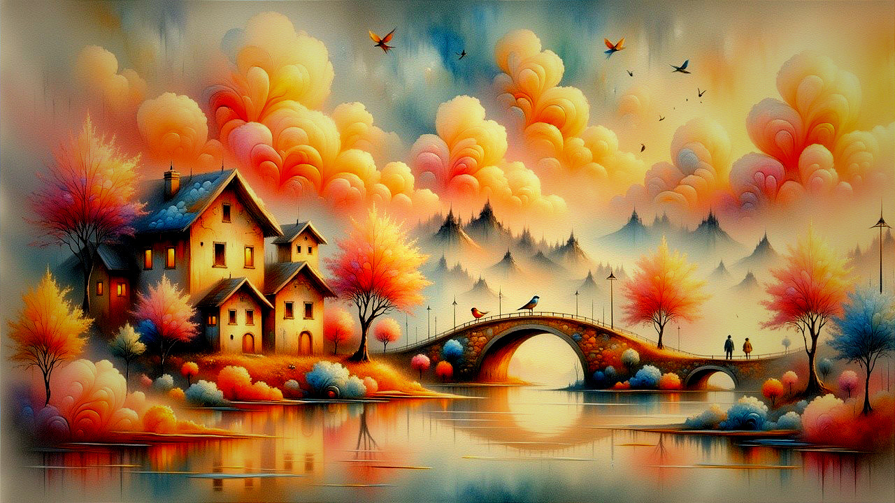 Charming Autumn Landscape with River and Bridge