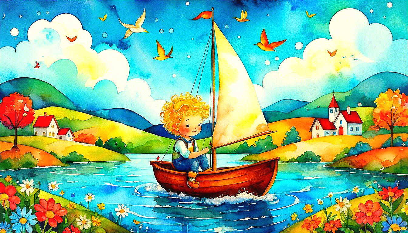 Cheerful Child Sailing on a Vibrant Blue Lake