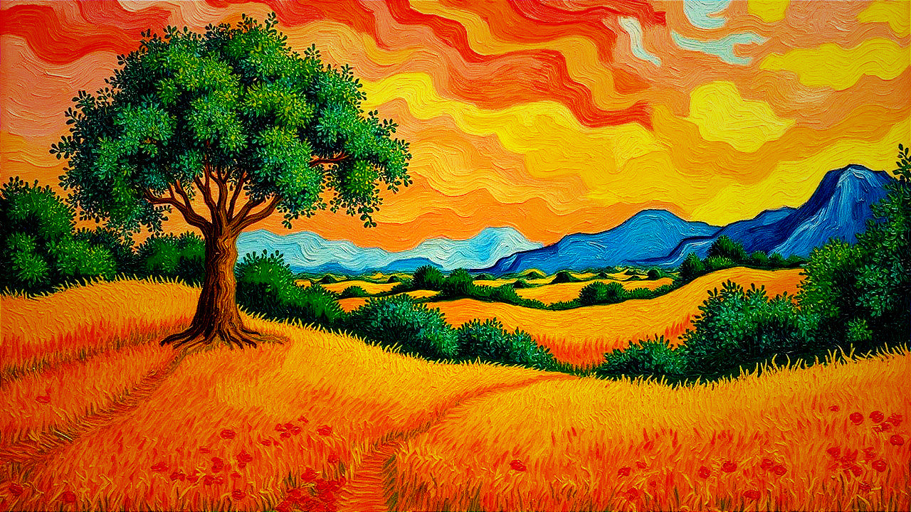 Vibrant Landscape with Tree and Dramatic Sky