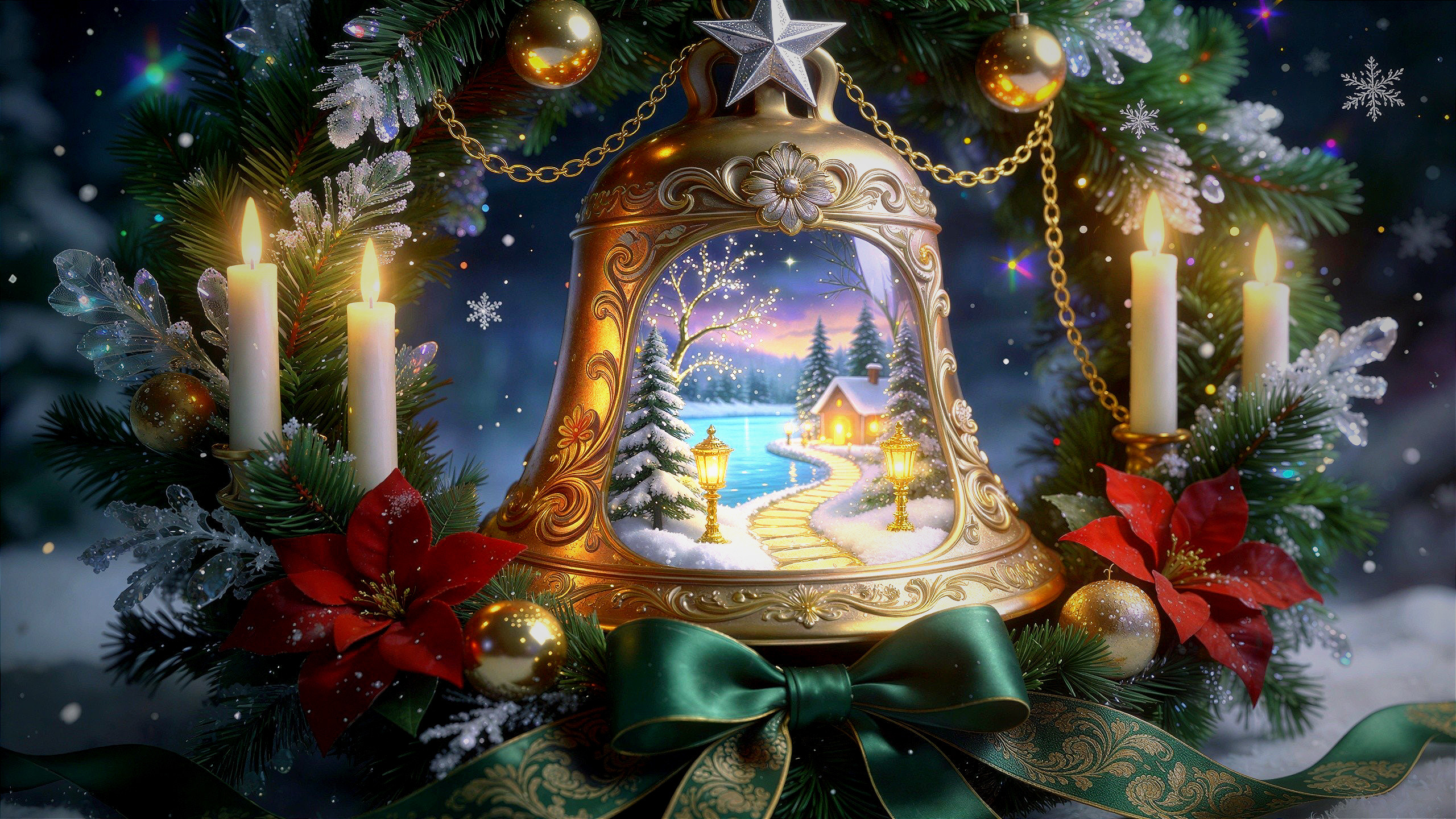 Close-up of a Christmas wreath with ornate bell centerpiece