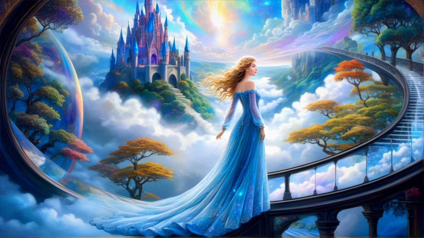 Serene landscape with magical castle and colorful trees