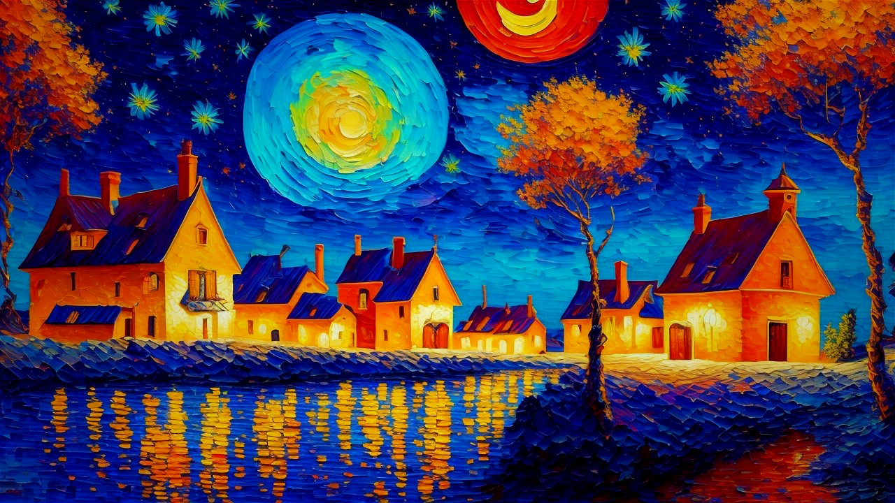 Charming Village Night Scene by a Shimmering River