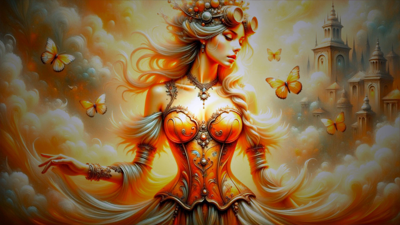 Ornate Orange Gown with Steampunk Elements and Butterflies