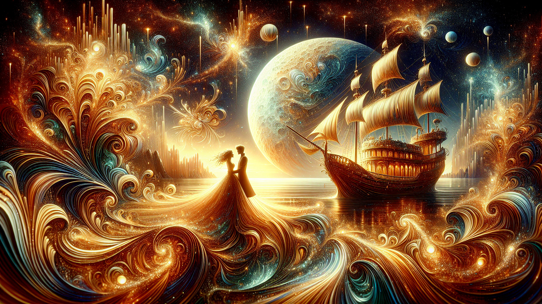 Couple Dancing in a Cosmic Ocean with Vibrant Planets